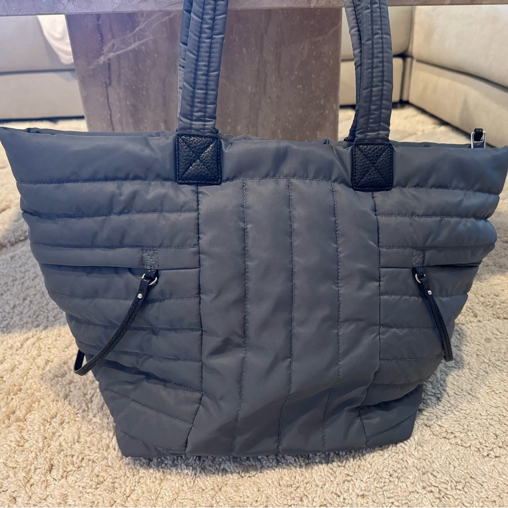 Grey Puffer Bag (black faux leather details)